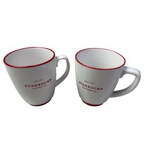 Starbucks Coffee Co 2008 White Red Rim Ceramic Mug Set of 2 16oz Est 1971